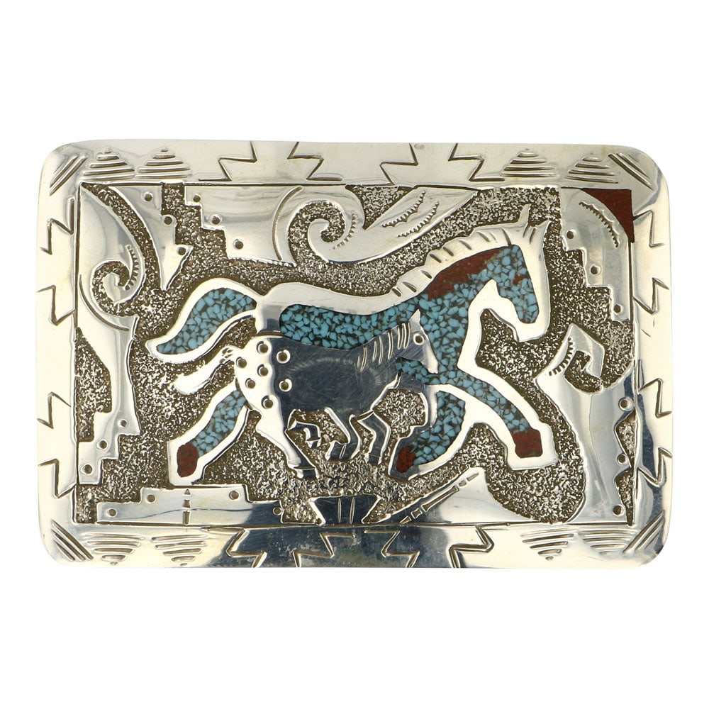 Raymond Boyd Navajo Turquoise & Coral Chip Inlay Horse Belt Buckle: Sterling Silver | Genuine Turquoise & Coral | Raymond Boyd Navajo Turquoise & Coral Chip Inlay Horse Belt Buckle | Navajo Native American Southwest Indian Jewelry | Approximate Weight: 36 Grams | Dime