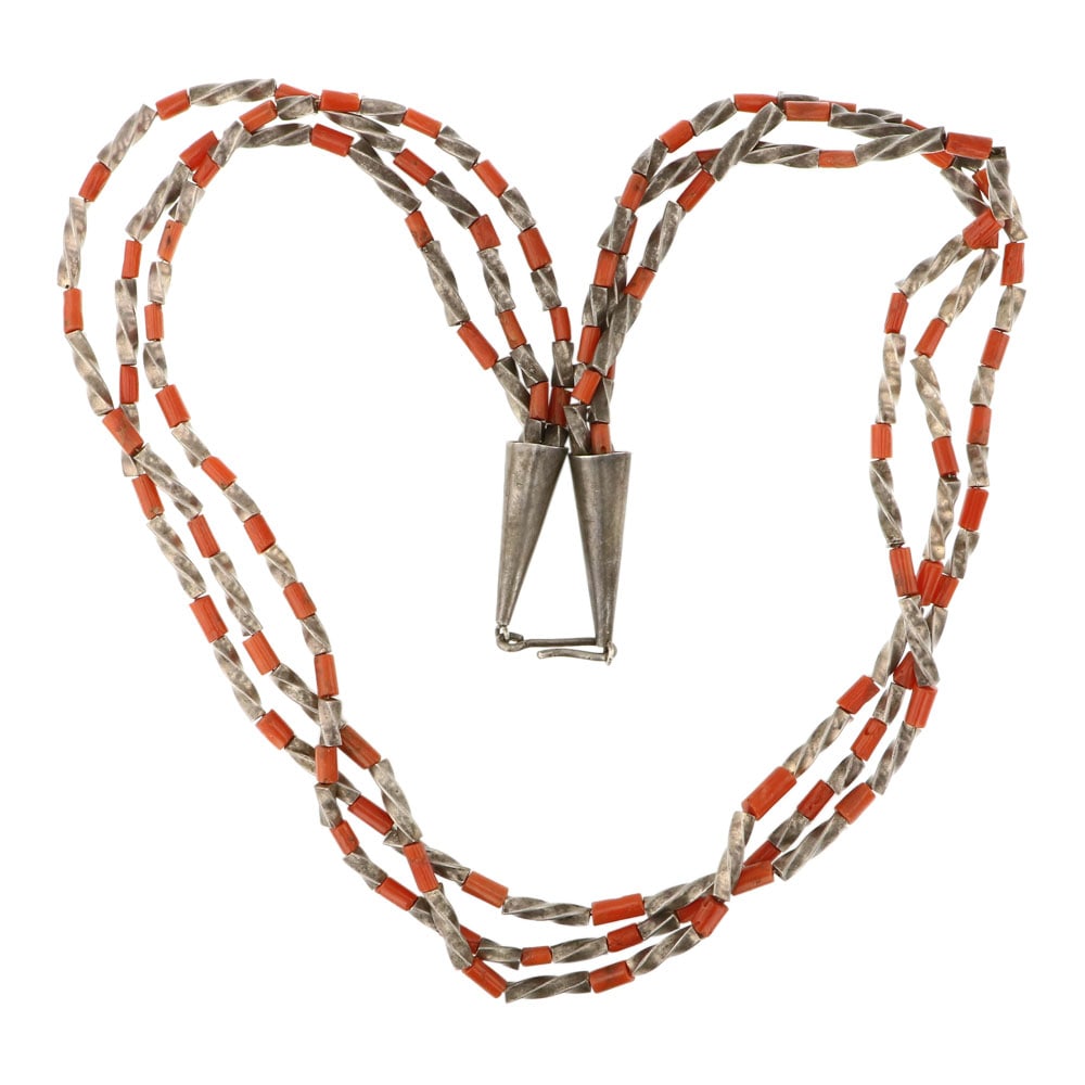 Navajo Sterling Silver & Mediterranean Coral Tubes Three Strand Necklace (1 of 2)