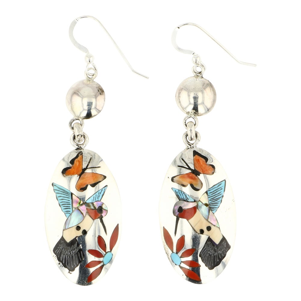 Quentin Quam Sr. Zuni Turquoise Coral Spiny Oyster & Shell Hummingbird Inlay Earrings (1 of 2)