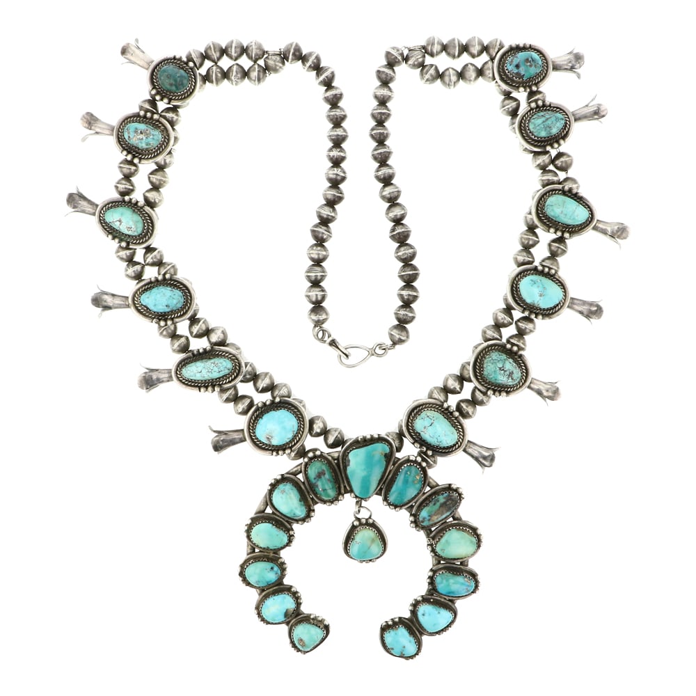 Vintage Navajo Nevada Turquoise Squash Blossom Necklace: Sterling Silver | Genuine Nevada Turquoise | Vintage Navajo Nevada Turquoise Squash Blossom Necklace | Navajo Native American Southwest Indian Jewelry | Approximate Weight: 211 Grams | Dimensions: Nec