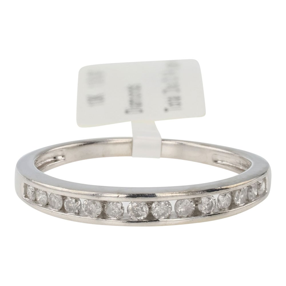 10K White Gold Diamond band: 10K Gold | Genuine Natural Diamonds | 10K White Gold Diamond band | | Approximate Weight: 1.8 Grams | Total Diamond Carat Weight: 0.14 Ct. | Size 7 | Curated estate fine gold jewelry collection notes: