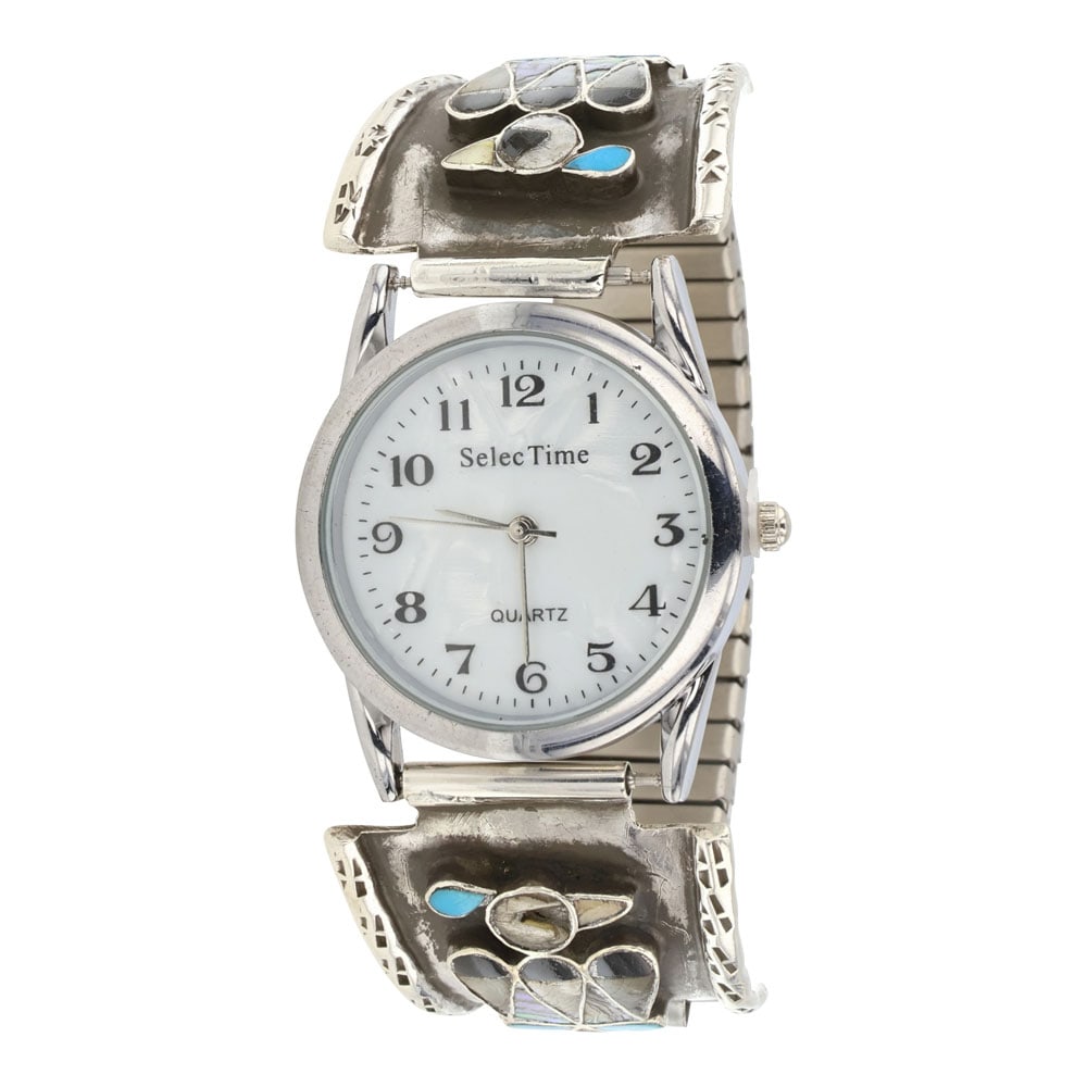 Zuni Turquoise Coral & Shell Inlay Thunderbird Watch Bracelet (1 of 4)