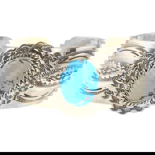 John Nelson Navajo Egyptian Turquoise Cuff Bracelet: Sterling Silver | Genuine Egyptian Turquoise | John Nelson Navajo Egyptian Turquoise Cuff Bracelet | Navajo Native American Southwest Indian Jewelry | Approximate Weight: 61 Grams | Dimensions: Bracel
