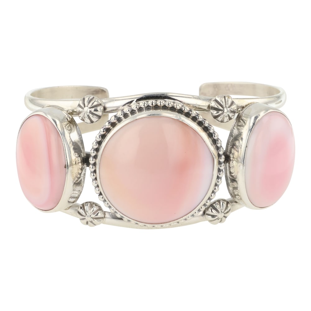 Darrin Livingston Navajo Pink Conch Shell Three Stone Cuff Bracelet (1 of 4)