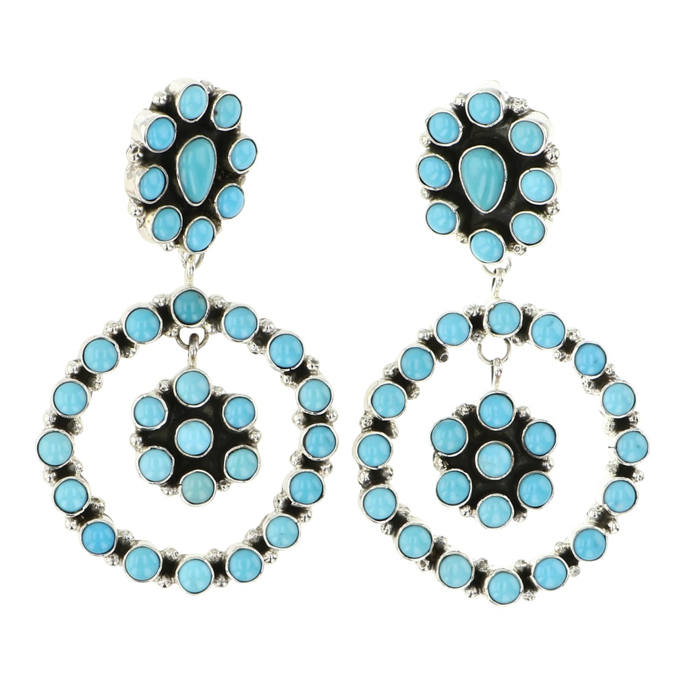 Sheila Becenti Navajo Compitos Turquoise Chandelier Earrings: Sterling Silver | Genuine Compitos Turquoise | Sheila Becenti Navajo Compitos Turquoise Chandelier Earrings | Navajo Native American Southwest Indian Jewelry | Approximate Weight: 38 Grams | Dimension