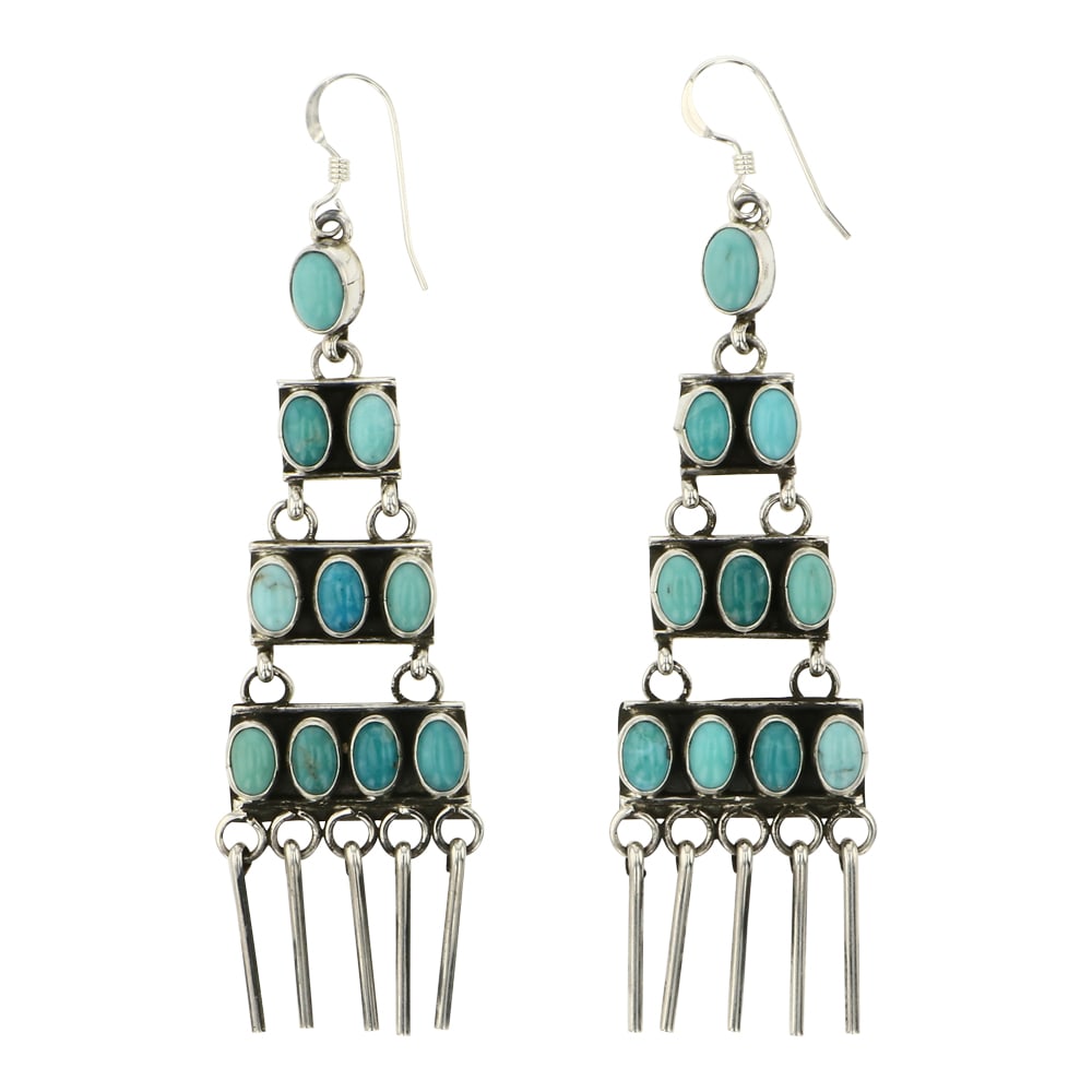 Renell Perry Navajo Fox Turquoise Chandelier Earrings: Sterling Silver | Genuine Fox Turquoise | Renell Perry Navajo Fox Turquoise Chandelier Earrings | Navajo Native American Southwest Indian Jewelry | Approximate Weight: 11 Grams | Dimensions: Earrings: