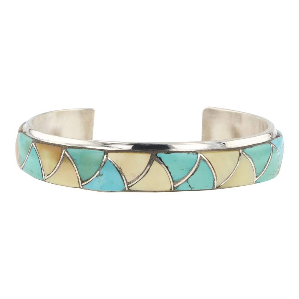 Orlinda Natewa Zuni Turquoise & Mother of Pearl Inlay Cuff Bracelet: Sterling Silver | Genuine Turquoise & Mother of Pearl | Orlinda Natewa Zuni Turquoise & Mother of Pearl Inlay Cuff Bracelet | Zuni Native American Southwest Indian Jewelry | Approximate Weight: 27 Gra