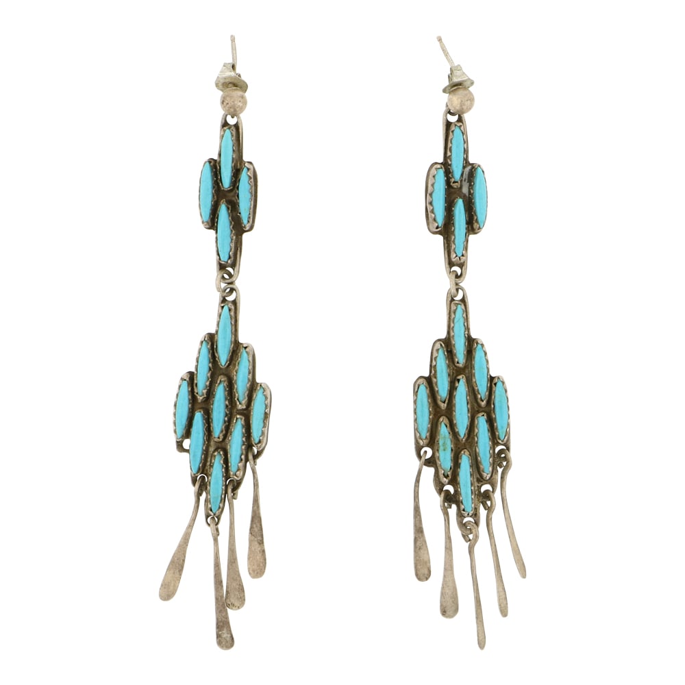 Vintage Zuni Turquoise Chandelier Earrings: Sterling Silver | Genuine Turquoise | Vintage Zuni Turquoise Chandelier Earrings | Zuni Native American Southwest Indian Jewelry | Approximate Weight: 10 Grams | Dimensions: Earrings: .5" x 3" (each) 
