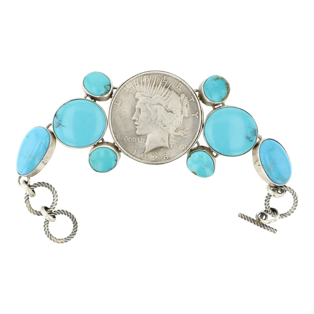 Betta Lee Navajo Compitos Turquoise & Peace Dollar Link Bracelet: Sterling Silver | Genuine Compitos Turquoise | Betta Lee Navajo Compitos Turquoise & Peace Dollar Link Bracelet | Navajo Native American Southwest Indian Jewelry | Approximate Weight: 69 Grams | Dimen