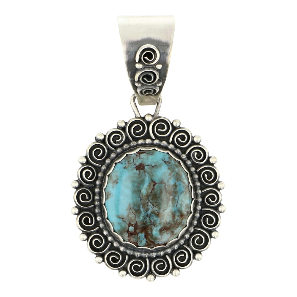 Marita Benally Navajo Prince Turquoise Pendant: Sterling Silver | Genuine Prince Turquoise | Marita Benally Navajo Prince Turquoise Pendant | Navajo Native American Southwest Indian Jewelry | Approximate Weight: 30 Grams | Dimensions: Pendant: 1.5"