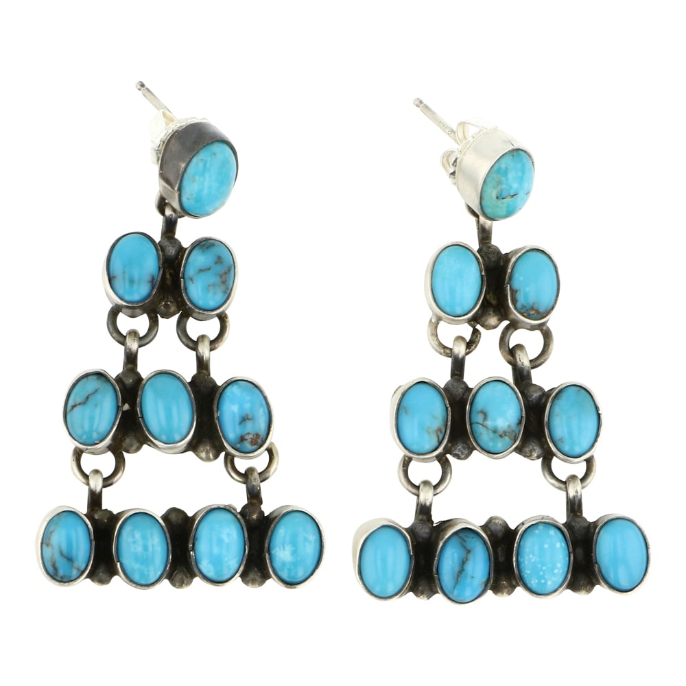 Sheila Becenti Blue Ridge Turquoise Chandelier Earrings: Sterling Silver | Genuine Blue Ridge Turquoise | Sheila Becenti Blue Ridge Turquoise Chandelier Earrings | Navajo Native American Southwest Indian Jewelry | Approximate Weight: 15 Grams | Dimensions: 