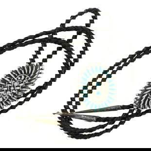 Vintage Zuni Kingman Turquoise Needlepoint Bolo Tie: Sterling Silver | Genuine Kingman Turquoise | Vintage Zuni Kingman Turquoise Needlepoint Bolo Tie | Zuni Native American Southwest Indian Jewelry | Approximate Weight: 30 Grams | Dimensions: Bolo Tie:
