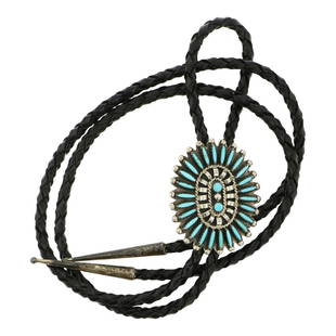 Vintage Zuni Kingman Turquoise Needlepoint Bolo Tie: Sterling Silver | Genuine Kingman Turquoise | Vintage Zuni Kingman Turquoise Needlepoint Bolo Tie | Zuni Native American Southwest Indian Jewelry | Approximate Weight: 30 Grams | Dimensions: Bolo