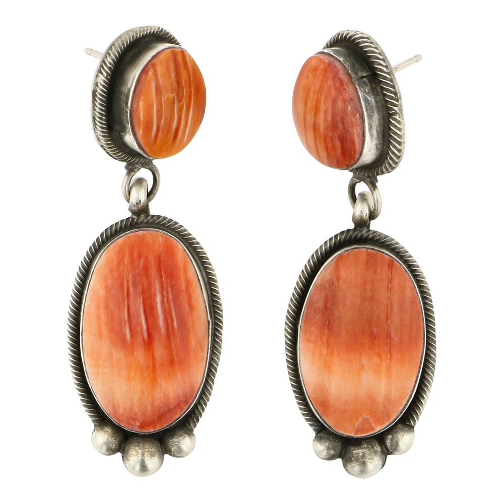 Bobby Johnson Spiny Oyster Earrings: Sterling Silver | Genuine Spiny Oyster | Bobby Johnson Spiny Oyster Earrings | Navajo Native American Southwest Indian Jewelry | Approximate Weight: 29 Grams | Dimensions: Earrings: .75" x 2.25" (each