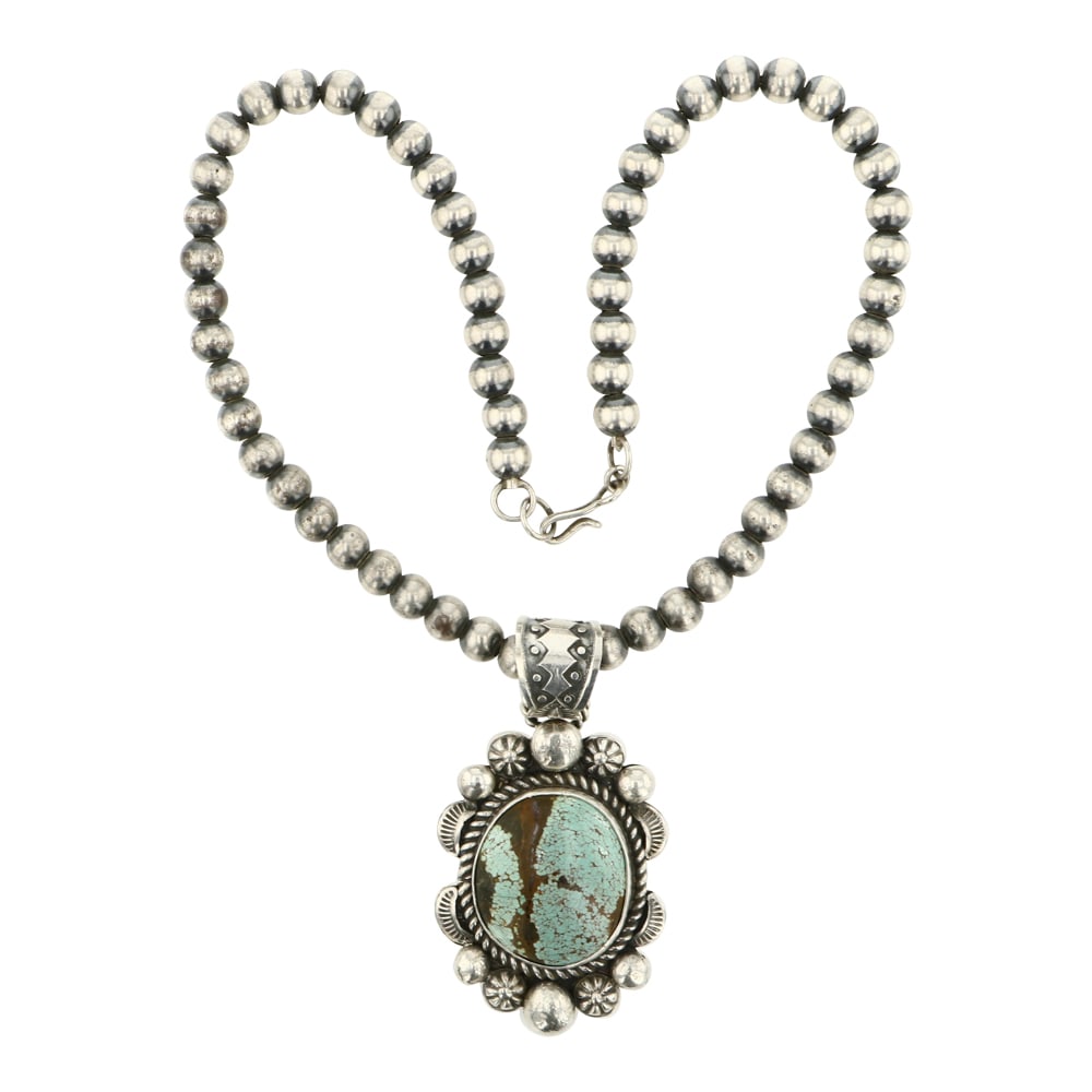 Damian Cotton Navajo Number Eight Turquoise Necklace: Sterling Silver | Genuine Number Eight Turquoise | Damian Cotton Navajo Number Eight Turquoise Necklace | Navajo Native American Southwest Indian Jewelry | Approximate Weight: 52 Grams | Dimensions: N