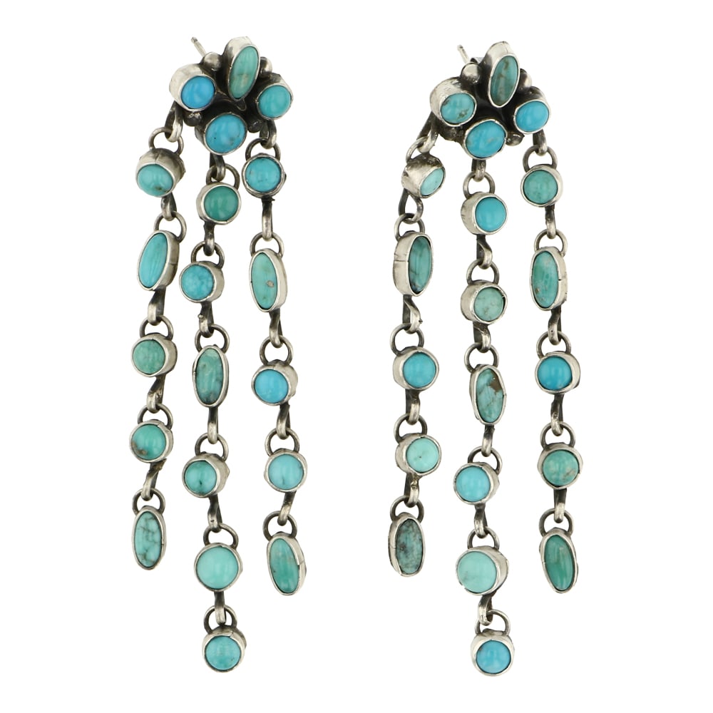 Navajo Compitos Turquoise Chandelier Earrings: Sterling Silver | Genuine Compitos Turquoise | Navajo Compitos Turquoise Chandelier Earrings | Navajo Native American Southwest Indian Jewelry | Approximate Weight: 26 Grams | Dimensions: Earrings: 1"