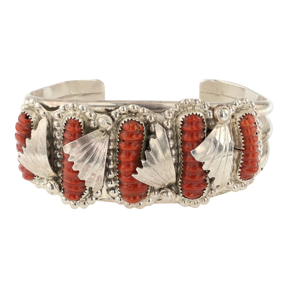 Lyolita Tsattie Vintage Zuni Mediterranean Coral Carved Cuff Bracelet: Sterling Silver | Genuine Mediterranean Coral | Lyolita Tsattie Vintage Zuni Mediterranean Coral Carved Cuff Bracelet | Zuni Native American Southwest Indian Jewelry | Approximate Weight: 56 Grams | D