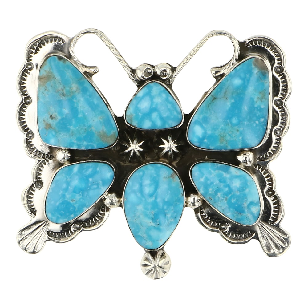 RB Kingman Turquoise Butterfly Pendant: Sterling Silver | Kingman Turquoise | RB Kingman Turquoise Butterfly Pendant | Navajo Native American Southwest Indian Jewelry | Approximate Weight: 26 Grams | Dimensions: Pendant: 2" x 1.75" | Signed