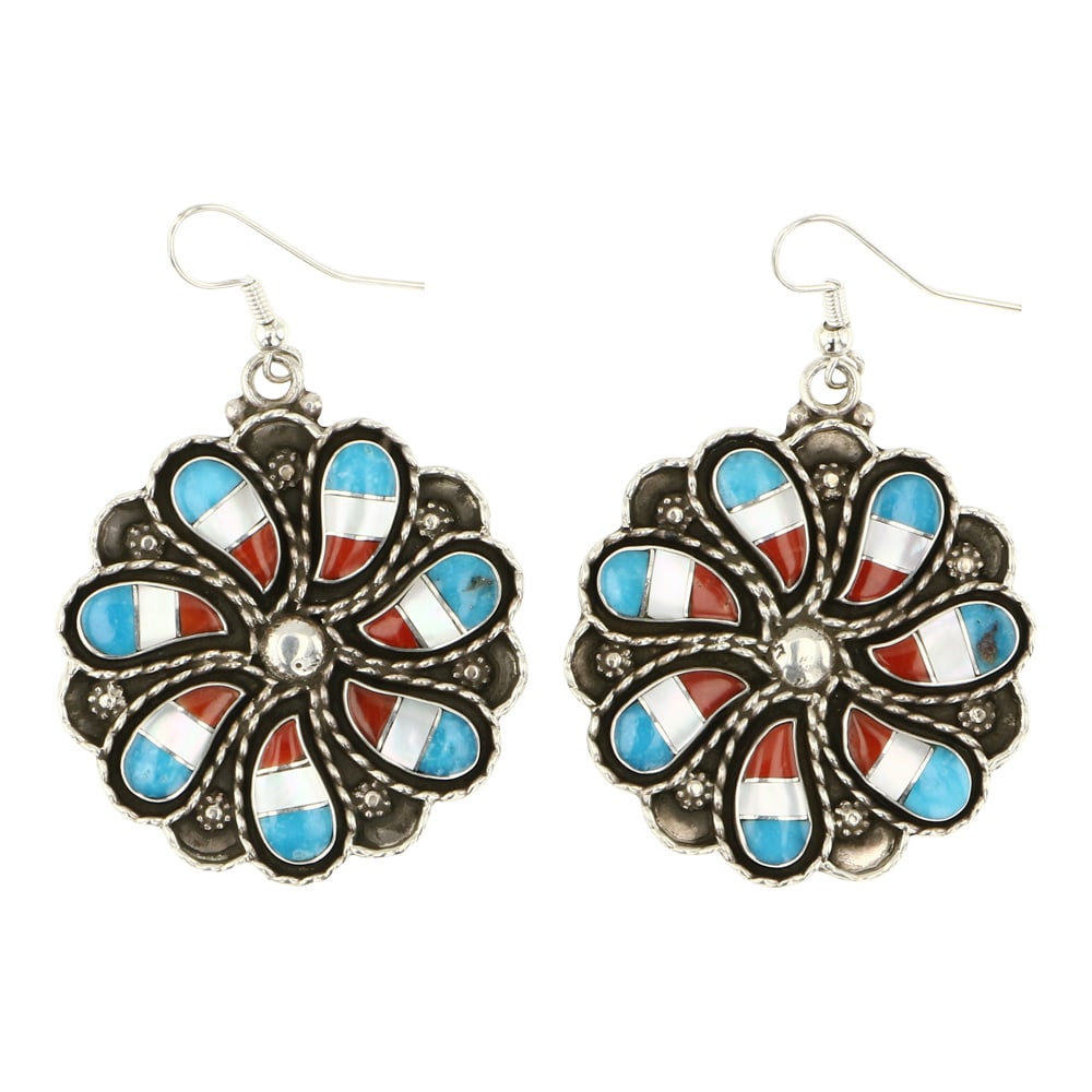 Zuni Sleeping Beauty Turquoise Coral & MoP Inlay Earrings: Sterling Silver | Genuine Sleeping Beauty Turquoise & Coral | Zuni Sleeping Beauty Turquoise Coral & MoP Inlay Earrings | Zuni Native American Southwest Indian Jewelry | Approximate Weight: 20 Grams |