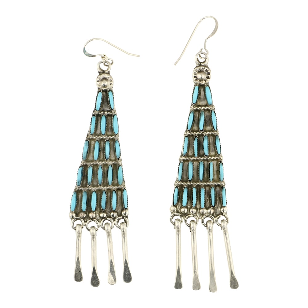Zuni Sleeping Beauty Turquoise Chandelier Earrings: Sterling Silver | Genuine Sleeping Beauty Turquoise | Zuni Sleeping Beauty Turquoise Chandelier Earrings | Zuni Native American Southwest Indian Jewelry | Approximate Weight: 12 Grams | Dimensions: Ea