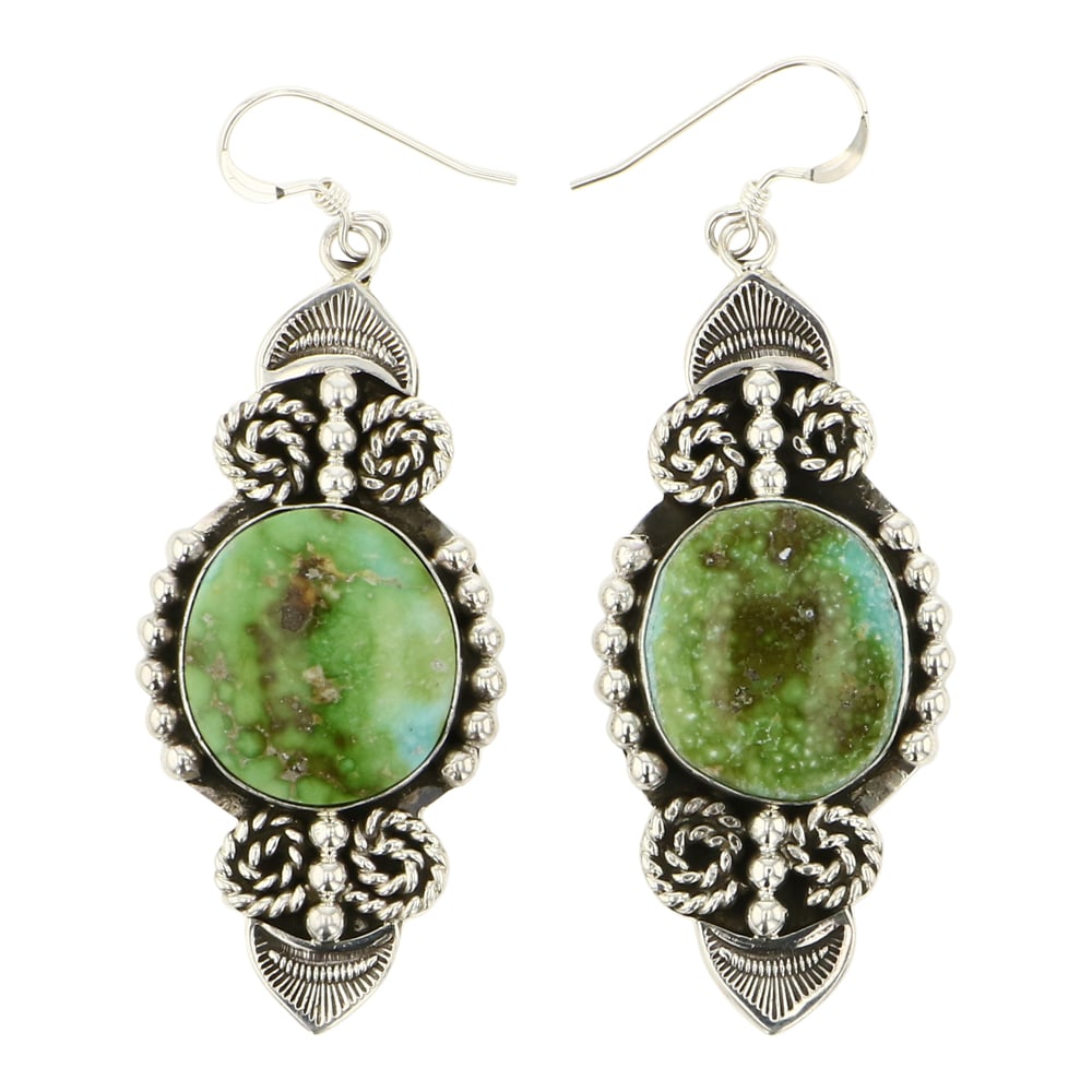 Eula Wylie Navajo Sonoran Gold Turquoise Earrings: Sterling Silver | Genuine Sonoran Gold Turquoise | Eula Wylie Navajo Sonoran Gold Turquoise Earrings | Navajo Native American Southwest Indian Jewelry | Approximate Weight: 19 Grams | Dimensions: Earr