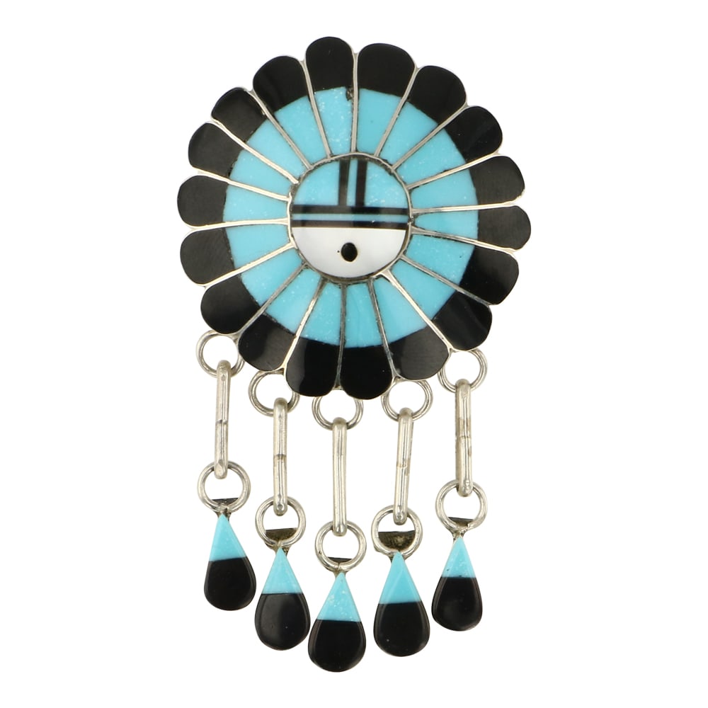 Vintage Zuni Dickson Turquoise & Jet Black Pin: Sterling Silver | Genuine Turquoise & Jet black | Vintage Zuni Dickson Turquoise & Jet Black Pin | Zuni Native American Southwest Indian Jewelry | Approximate Weight: 10 Grams | Dimensions: Pin: 1.25"