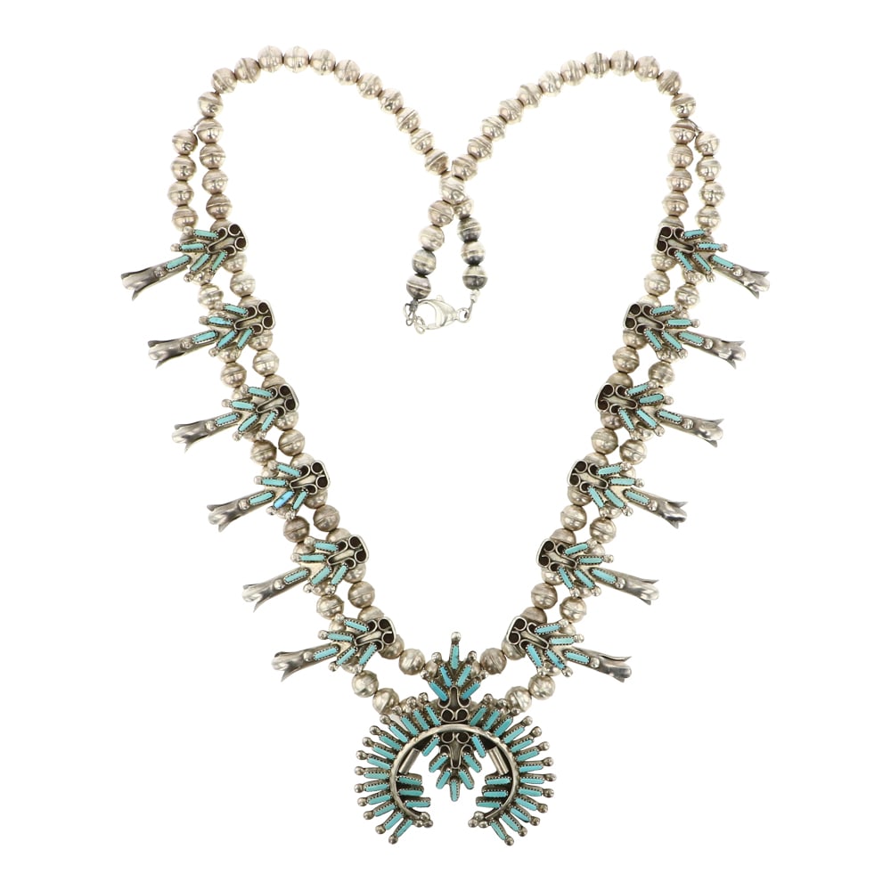 Vintage Zuni Sleeping Beauty Turquoise Needlepoint Squash Blossom Necklace (1 of 3)