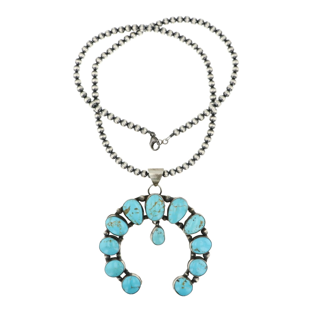 Ella Peter Navajo Menassa Turquoise Necklace: Sterling Silver | Genuine Menassa Turquoise | Ella Peter Navajo Menassa Turquoise Necklace | Navajo Native American Southwest Indian Jewelry | Approximate Weight: 103 Grams | Dimensions: Necklace: 26"