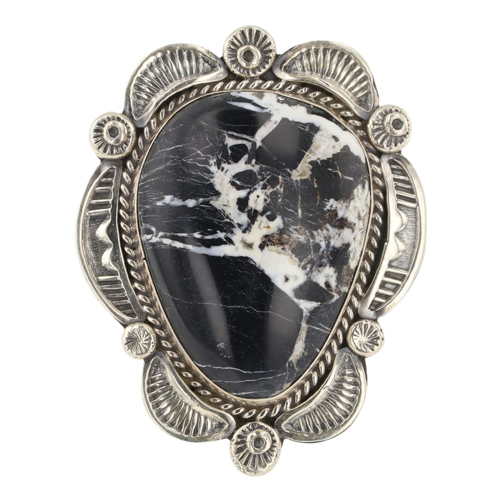 Ella Linkin Navajo White Buffalo Ring: Sterling Silver | Genuine White Buffalo | Ella Linkin Navajo White Buffalo Ring | Navajo Native American Southwest Indian Jewelry | Approximate Weight: 15 Grams | Dimensions: Ring: 10 size, 1.5" face