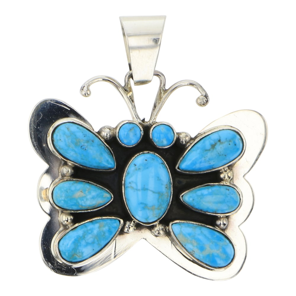 Darrin Livingston Navajo Kingman Turquoise Butterfly Pendant: Sterling Silver | Genuine Kingman Turquoise | Darrin Livingston Navajo Kingman Turquoise Butterfly Pendant | Navajo Native American Southwest Indian Jewelry | Approximate Weight: 13 Grams | Dimensions