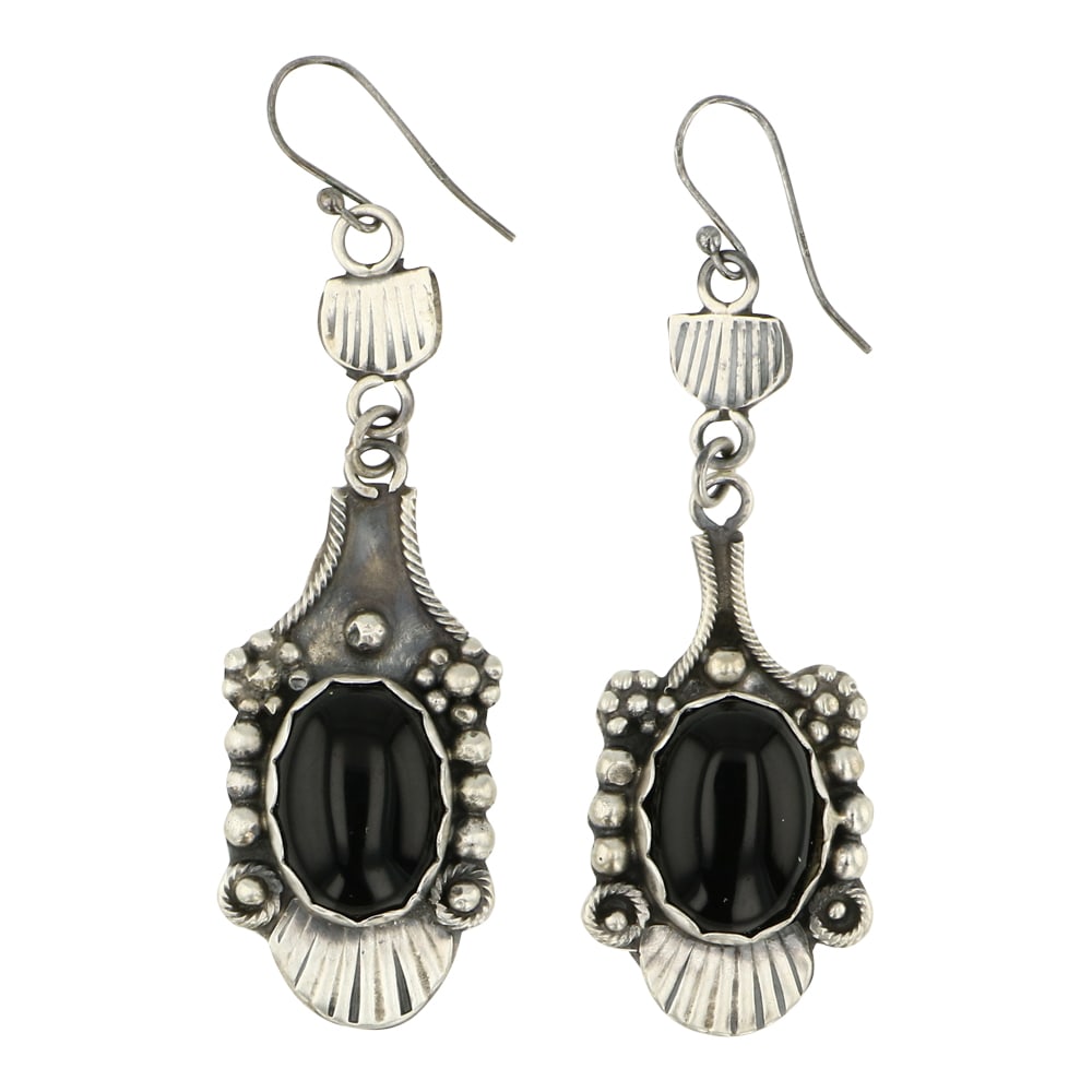 Lydia Begay Navajo Black Onyx Earrings: Sterling Silver | Genuine Black Onyx | Lydia Begay Navajo Black Onyx Earrings | Navajo Native American Southwest Indian Jewelry | Approximate Weight: 18 Grams | Dimensions: Earrings: .75" x 3" (each) 