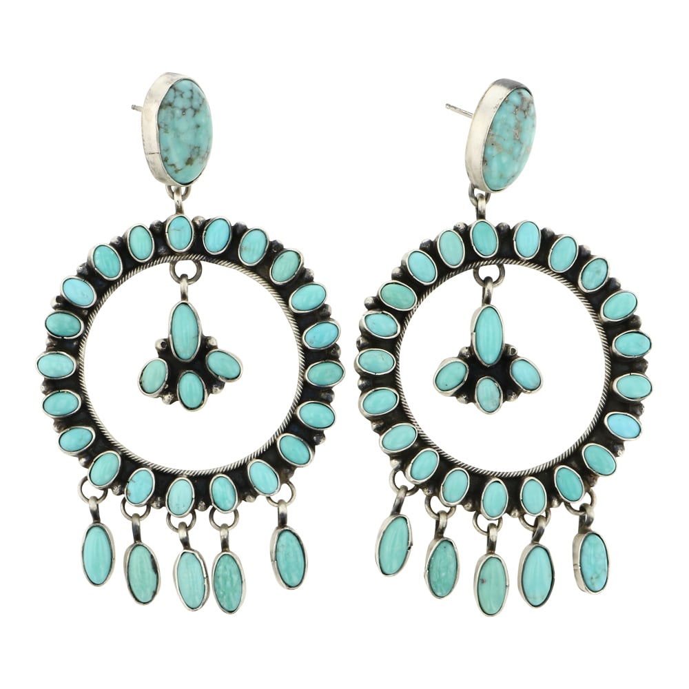 Sheila Becenti Navajo Compitos Turquoise Chandelier Earrings: Sterling Silver | Genuine Compitos Turquoise | Sheila Becenti Navajo Compitos Turquoise Chandelier Earrings | Navajo Native American Southwest Indian Jewelry | Approximate Weight: 46 Grams | Dimension
