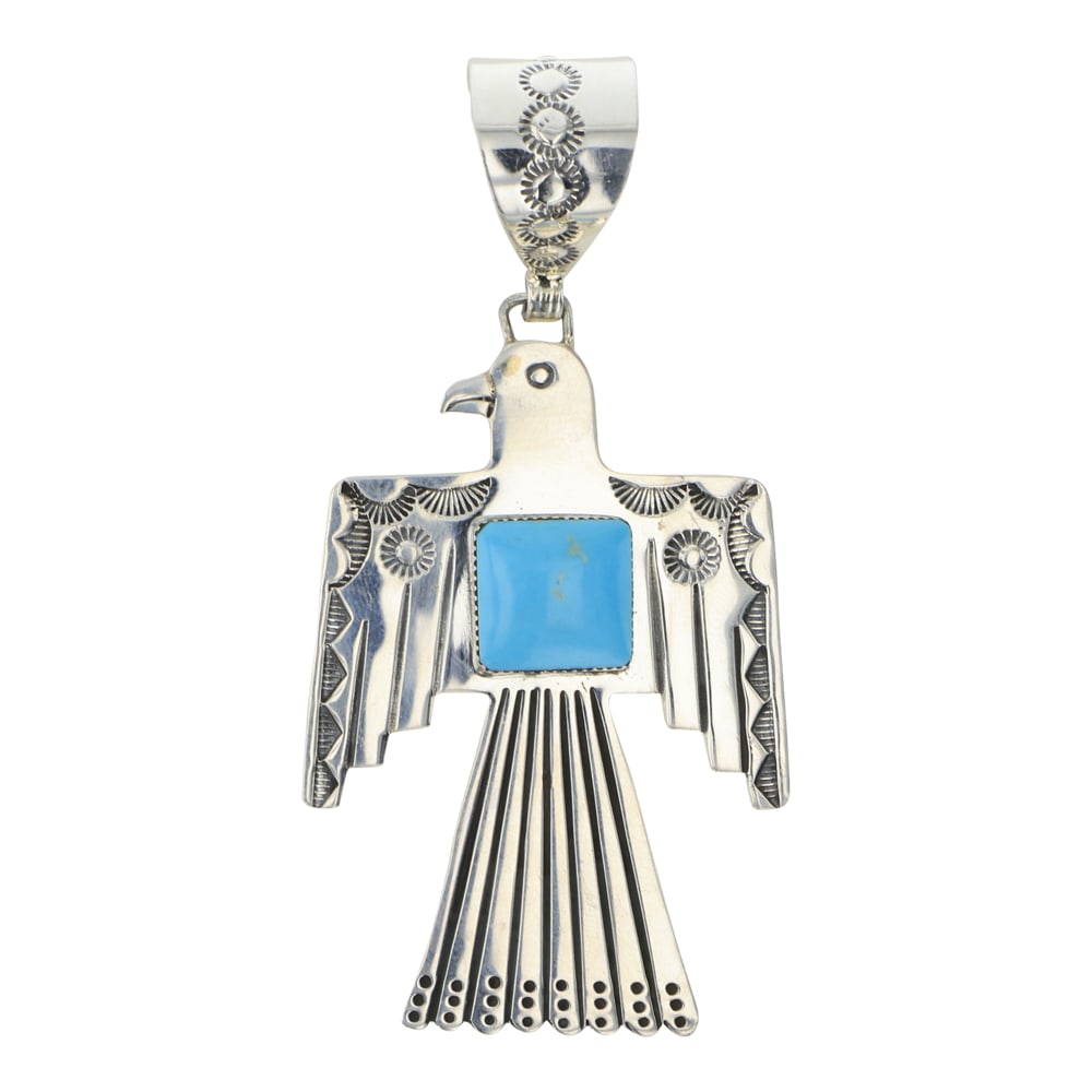 Navajo Kingman Turquoise Thunderbird Pendant: Sterling Silver | Genuine Kingman Turquoise | Navajo Kingman Turquoise Thunderbird Pendant | Navajo Native American Southwest Indian Jewelry | Approximate Weight: 18 Grams | Dimensions: Pendant: 1.5" 