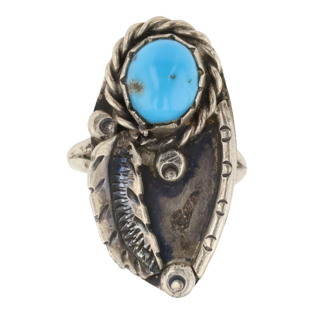 Vintage Navajo Kingman Turquoise Ring: Sterling Silver | Genuine Kingman Turquoise | Vintage Navajo Kingman Turquoise Ring | Navajo Native American Southwest Indian Jewelry | Approximate Weight: 5 Grams | Dimensions: Ring: 5.5 size, 1" fac