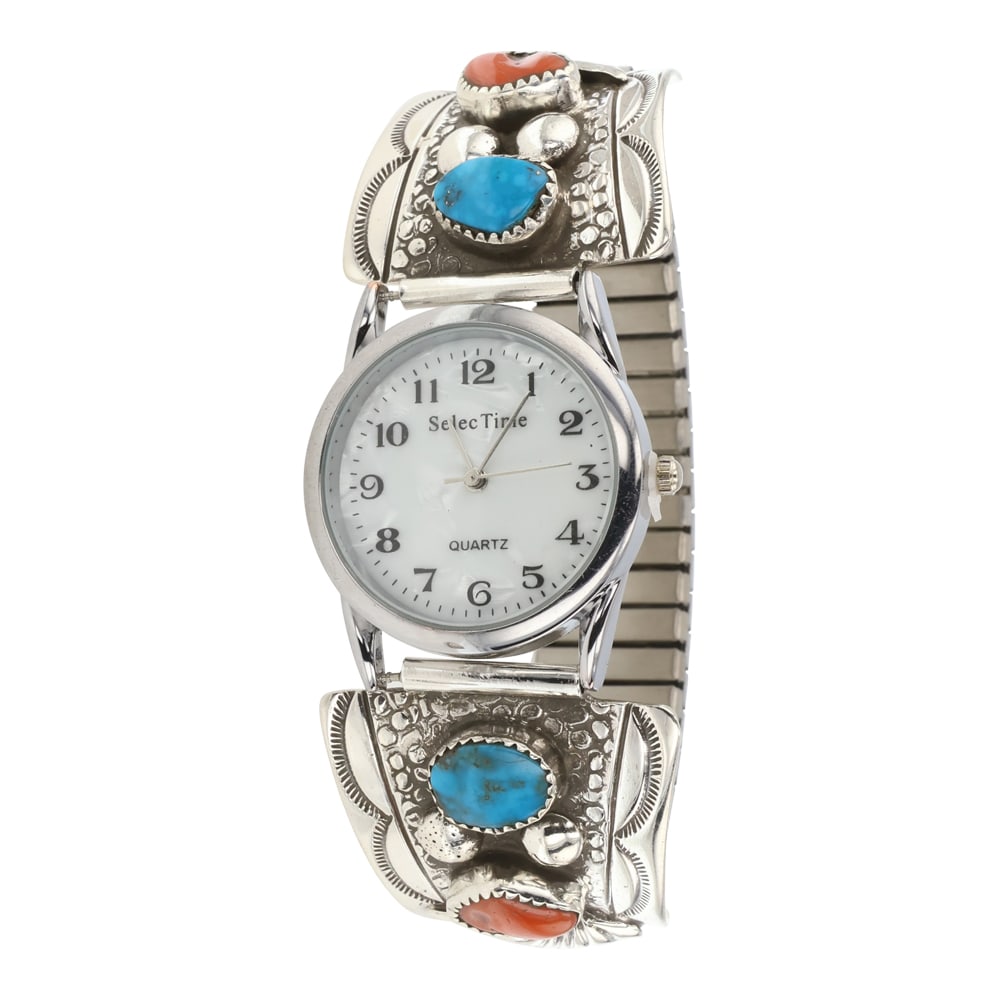 Navajo Kingman Turquoise & Coral Watch bracelet: Sterling Silver | Genuine Kingman Turquoise & Coral | Navajo Kingman Turquoise & Coral Watch bracelet | Navajo Native American Southwest Indian Jewelry | Approximate Weight: 57 Grams | Dimensions: Wat