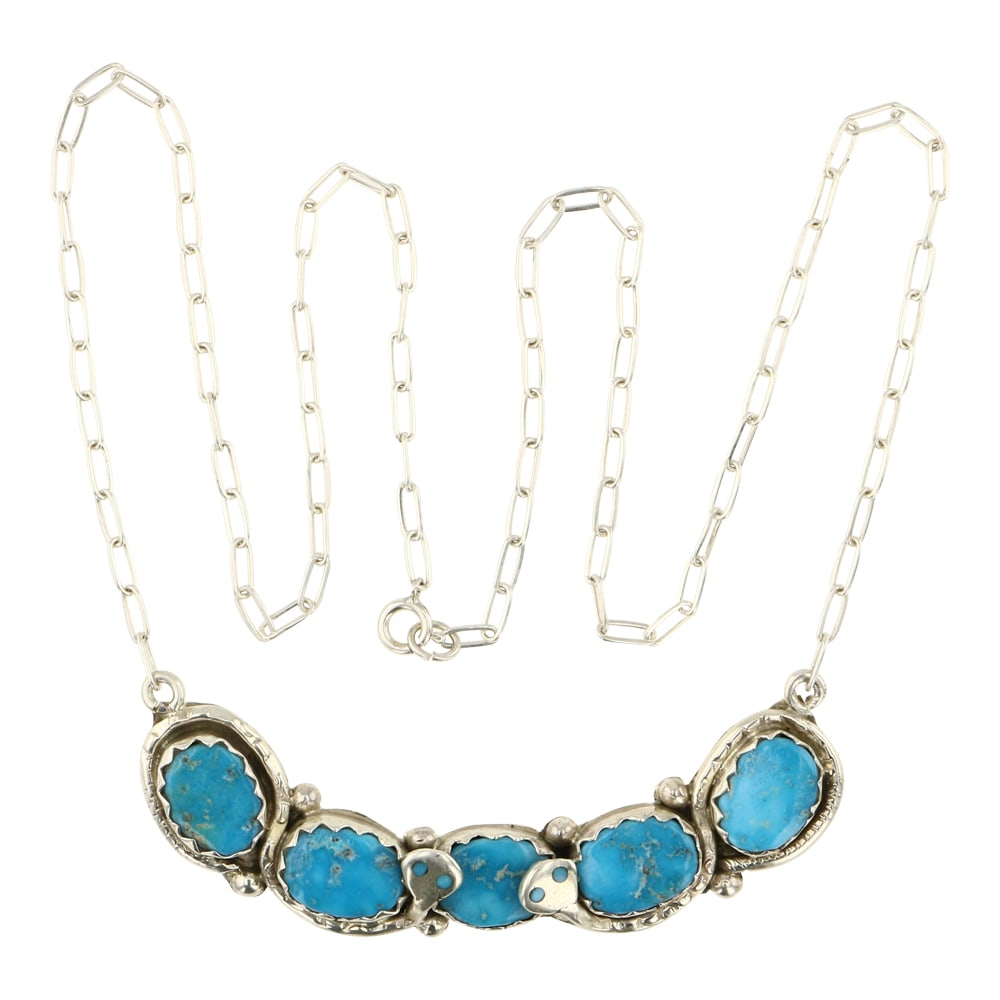 Gloria Calavasa Zuni Kingman Turquoise Snake Eye Necklace: Sterling Silver | Genuine Kingman Turquoise | Gloria Calavasa Zuni Kingman Turquoise Snake Eye Necklace | Zuni Native American Southwest Indian Jewelry | Approximate Weight: 17 Grams | Dimensions: Nec