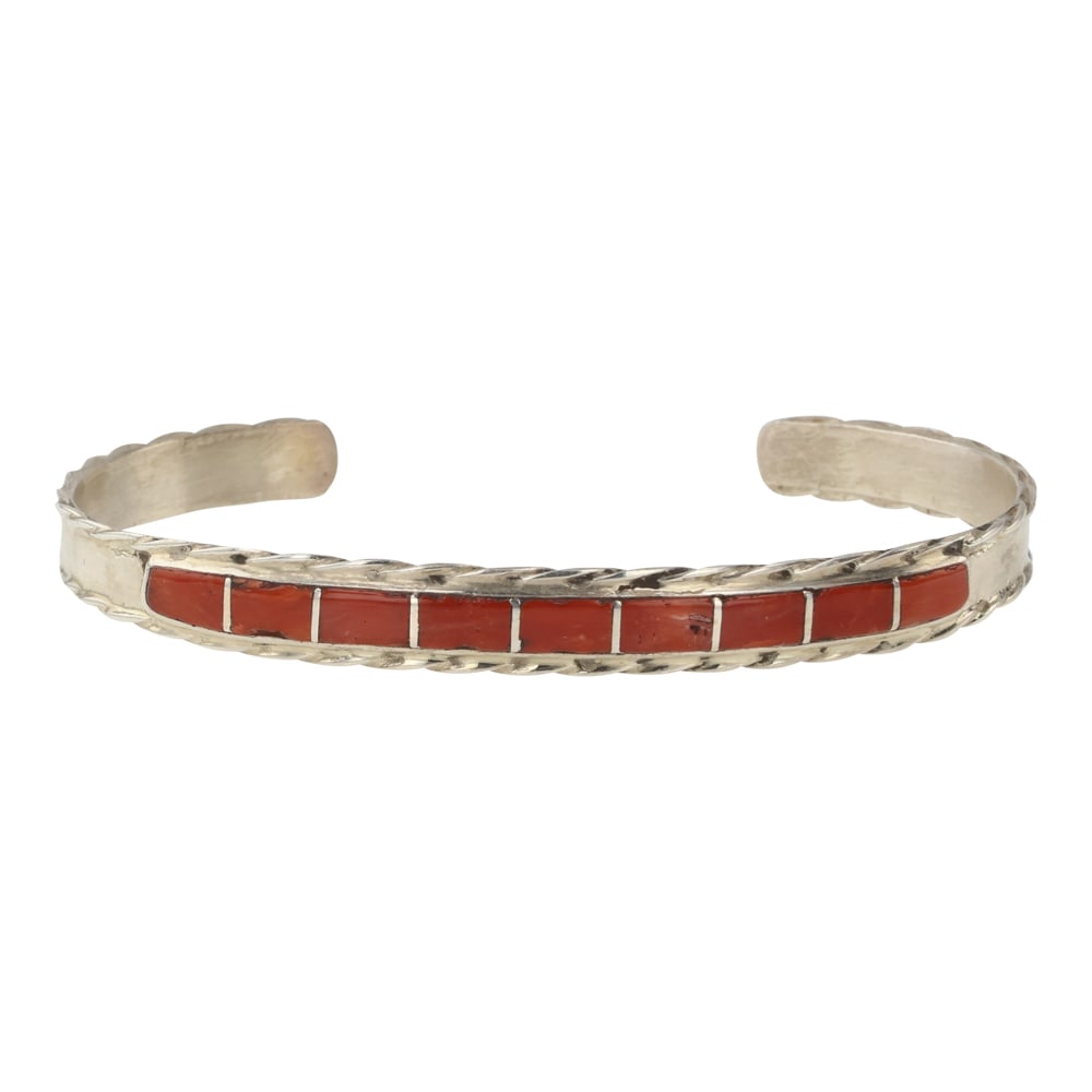 Jessica Chavez Zuni Coral Inlay Cuff Bracelet: Sterling Silver | Genuine Coral | Jessica Chavez Zuni Coral Inlay Cuff Bracelet | Zuni Native American Southwest Indian Jewelry | Approximate Weight: 8 Grams | Dimensions: Bracelet: 5.5" inner, 1" gap