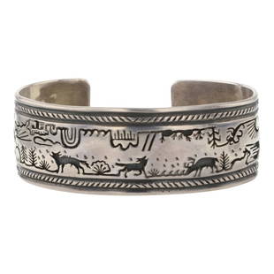 Vidal Argo Vintage Santo Domingo Pueblo Story Teller Cuff Bracelet: Sterling Silver | | Vidal Argo Vintage Santo Domingo Pueblo Story Teller Cuff Bracelet | Santo Domingo Pueblo Native American Southwest Indian Jewelry | Approximate Weight: 63 Grams | Dimensions: Brac