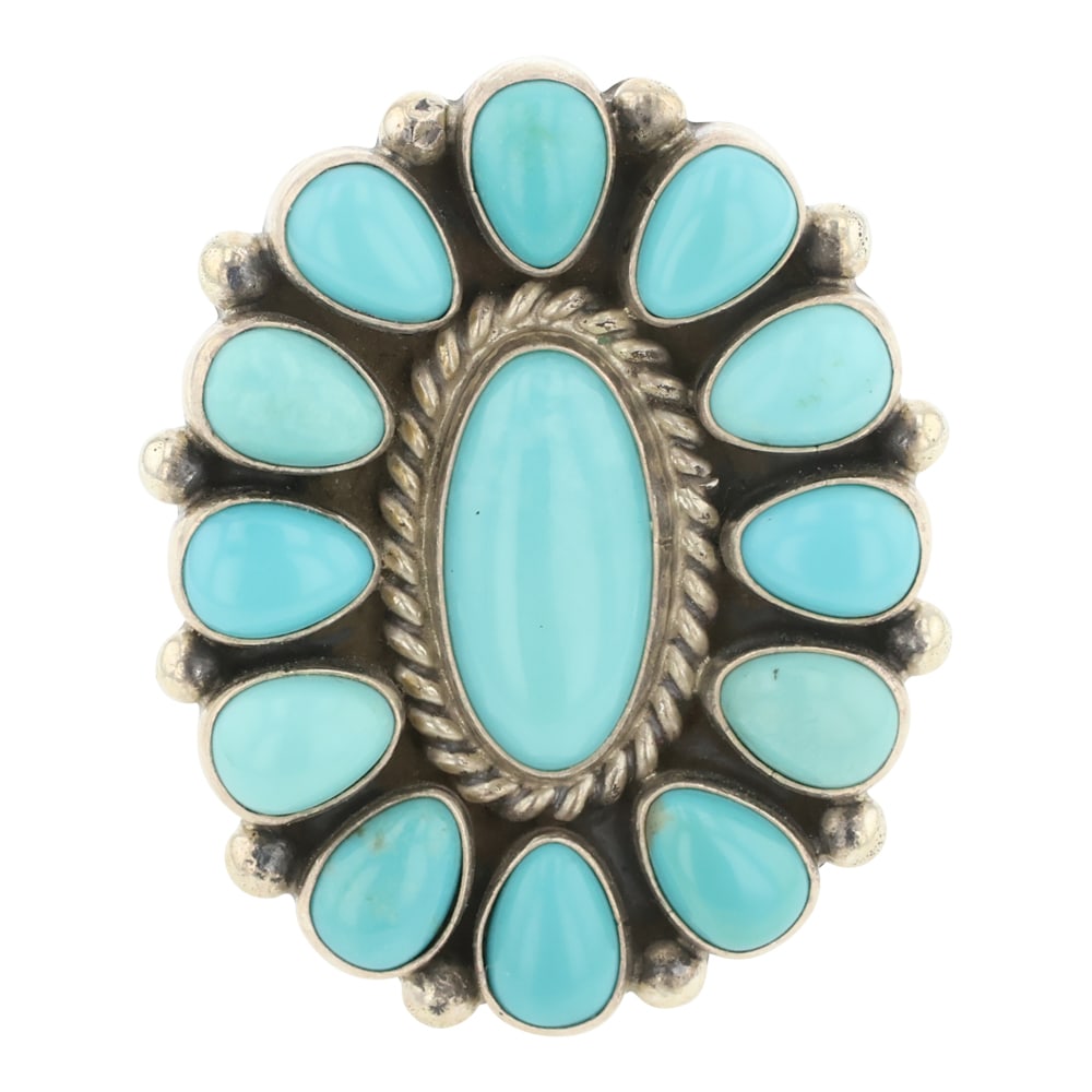 Ella Linkin Compitos Turquoise Cluster Ring: Sterling Silver | Genuine Compitos Turquoise | Ella Linkin Compitos Turquoise Cluster Ring | Navajo Native American Southwest Indian Jewelry | Approximate Weight: 15 Grams | Dimensions: Ring: 8 size,