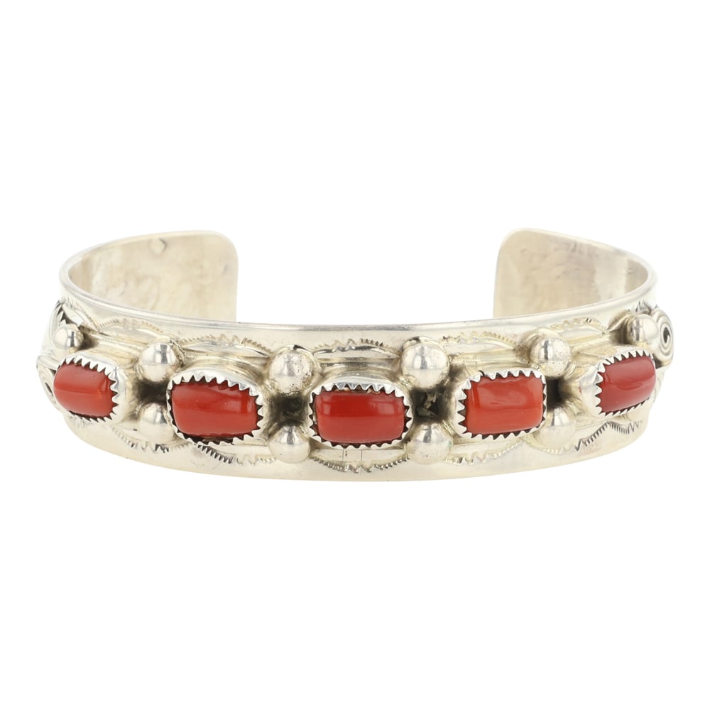 Wilbert Musket Navajo Mediterranean Coral Cuff Bracelet: Sterling Silver | Genuine Mediterranean Coral | Wilbert Musket Navajo Mediterranean Coral Cuff Bracelet | Navajo Native American Southwest Indian Jewelry | Approximate Weight: 45 Grams | Dimensions: B