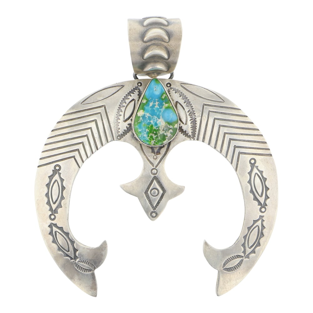Paul Livingston Navajo Sonoran Gold Turquoise Naja Pendant: Sterling Silver | Genuine Sonoran Gold Turquoise | Paul Livingston Navajo Sonoran Gold Turquoise Naja Pendant | Navajo Native American Southwest Indian Jewelry | Approximate Weight: 61 Grams | Dimensi