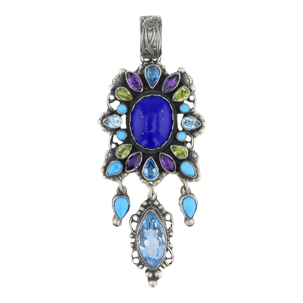 Leo Feeney Anglo Southwest Artist Amethyst Peridot Lapis & Turquoise Pendant: Sterling Silver | Genuine Amethyst, Lapis & Turquoise | Leo Feeney Anglo Southwest Artist Amethyst Peridot Lapis & Turquoise Pendant | Navajo Native American Southwest Indian Jewelry | Approximate Wei