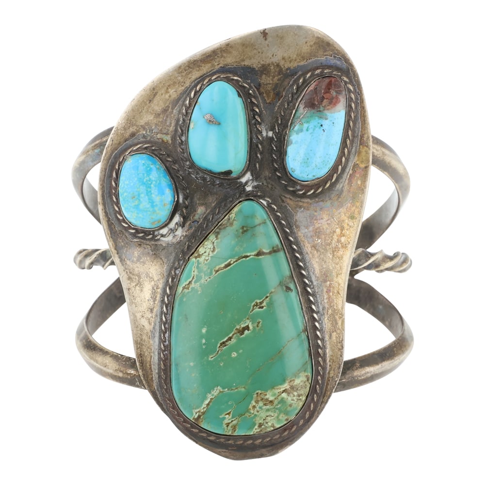 Vintage Navajo Nevada Turquoise Bearpaw Bracelet: Sterling Silver | Genuine Nevada Turquoise | Vintage Navajo Nevada Turquoise Bearpaw Bracelet | Navajo Native American Southwest Indian Jewelry | Approximate Weight: 71 Grams | Dimensions: Bracelet: 5