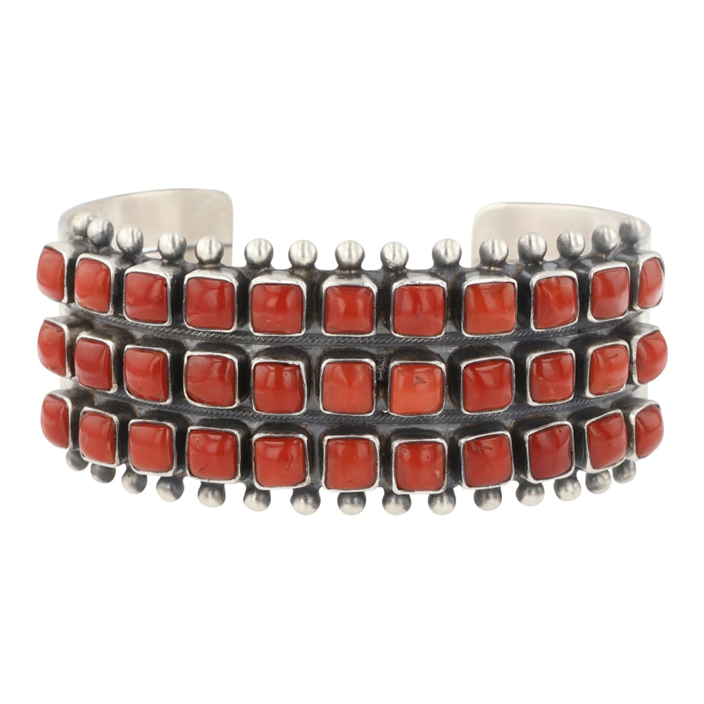 Paul Livingston Navajo Mediterranean Coral Three Row Cuff Bracelet (1 of 3)