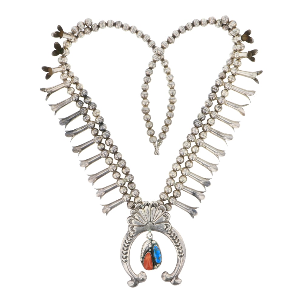 Vintage Navajo Mediterranean Coral & Turquoise Squash Blossom Necklace: Sterling Silver | Genuine Mediterranean Coral & Turquoise | Vintage Navajo Mediterranean Coral & Turquoise Squash Blossom Necklace | Navajo Native American Southwest Indian Jewelry | Approximate Weigh