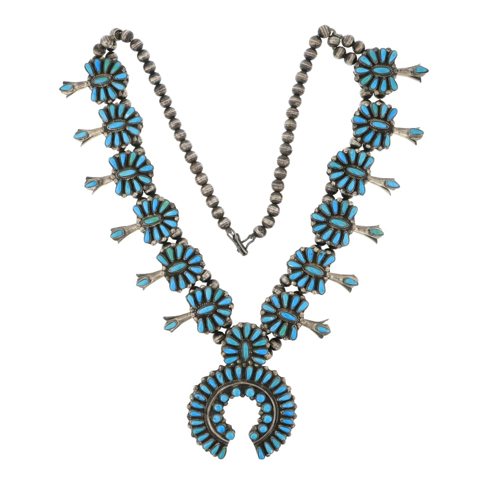 Vintage Navajo Sleeping Beauty Turquoise Cluster Squash Blossom Necklace (1 of 3)