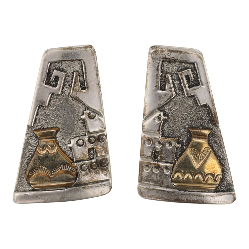 Florence Tahe Navajo Sterling Silver & Brass Pottery Earrings: Sterling Silver | | Florence Tahe Navajo Sterling Silver & Brass Pottery Earrings | Navajo Native American Southwest Indian Jewelry | Good (no breaks or damages) | Approximate Weight: 20 Grams | Earri