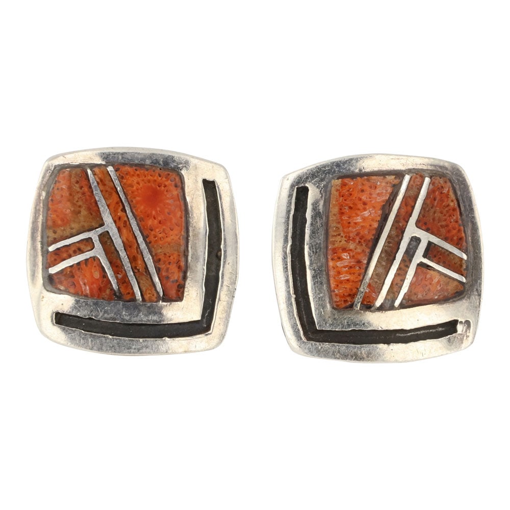Vintage Navajo Sponge Coral Inlay Earrings: Sterling Silver | Sponge Coral | Vintage Navajo Sponge Coral Inlay Earrings | Navajo Native American Southwest Indian Jewelry | Good (no breaks or damages) | Approximate Weight: 5 Grams | Earrings: .5
