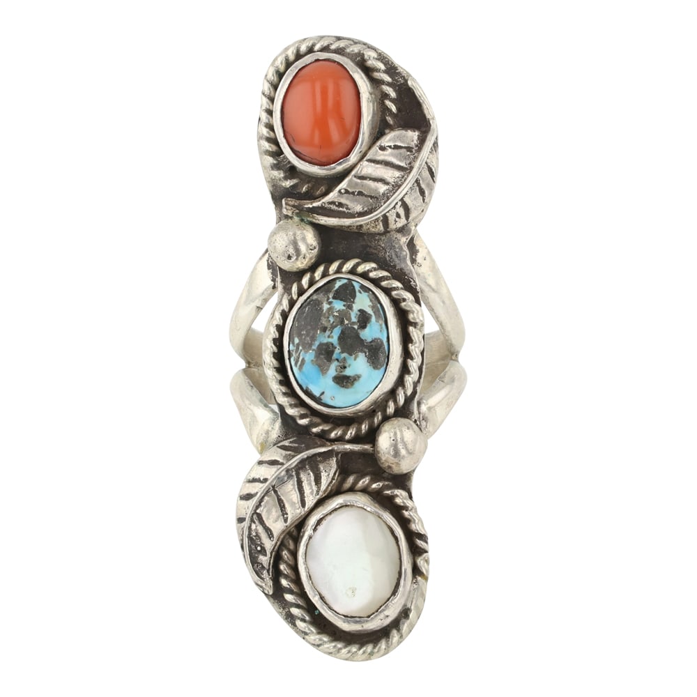 Navajo Turquoise Coral & Mother of Pearl Three Stone Ring (1 of 3)
