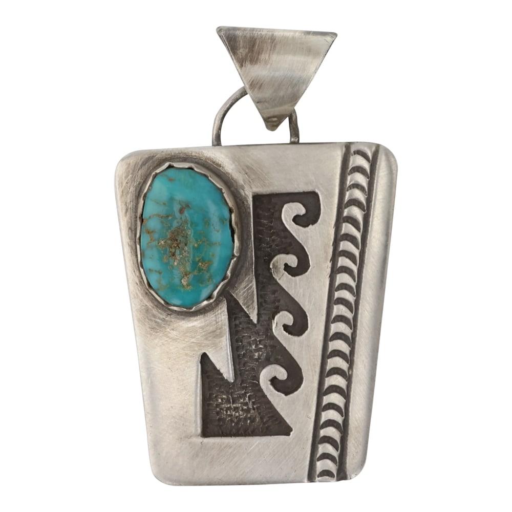 Joe H. Quintana Cochiti Nevada Turquoise Pendant: Sterling Silver | Genuine Nevada Turquoise | Joe H. Quintana Cochiti Nevada Turquoise Pendant | Navajo Native American Southwest Indian Jewelry | Good (no breaks or damages) | Approximate Weight: 12 G